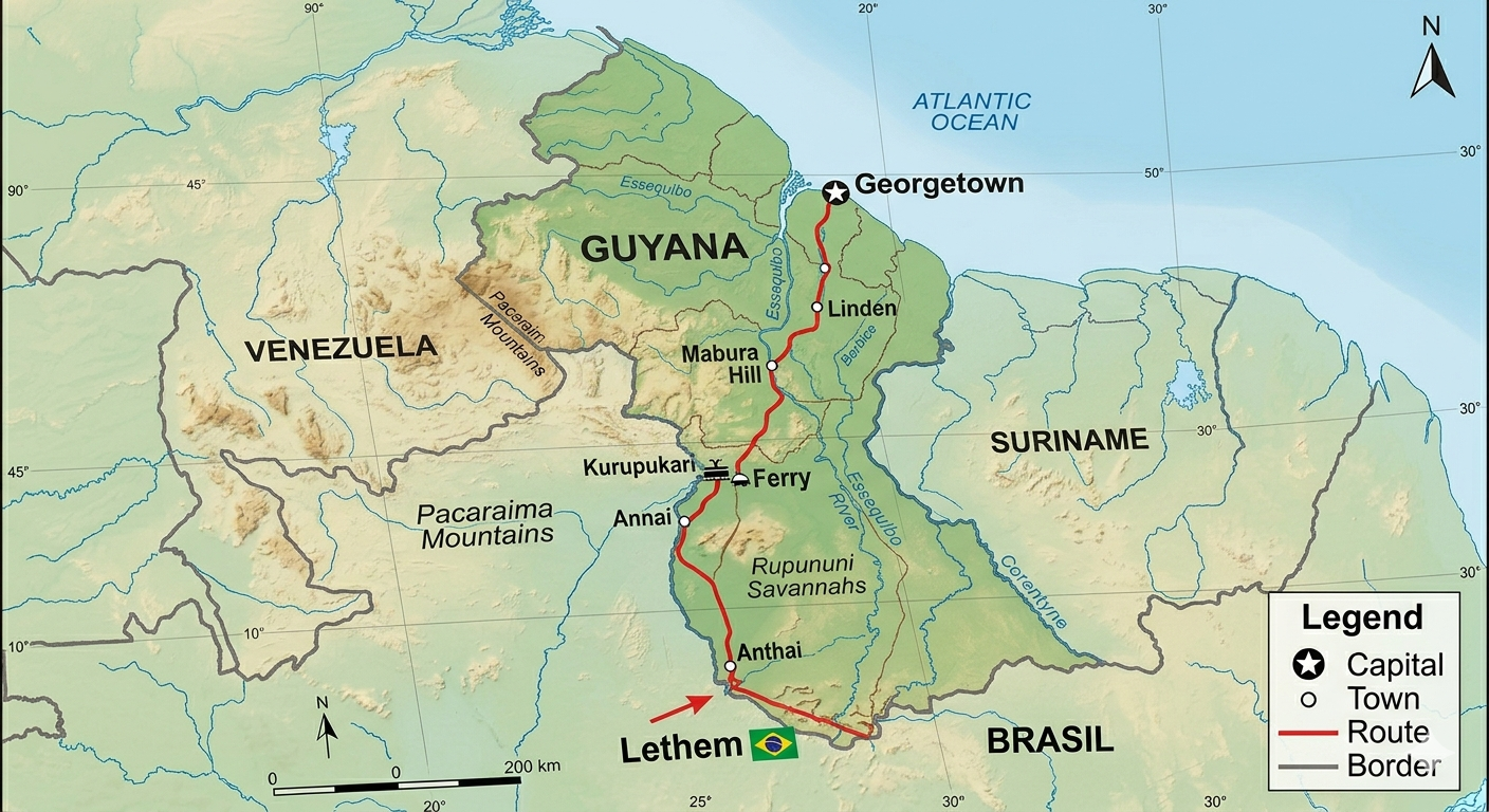 Ruta terrestre desde Georgetown hasta la frontera con Brasil